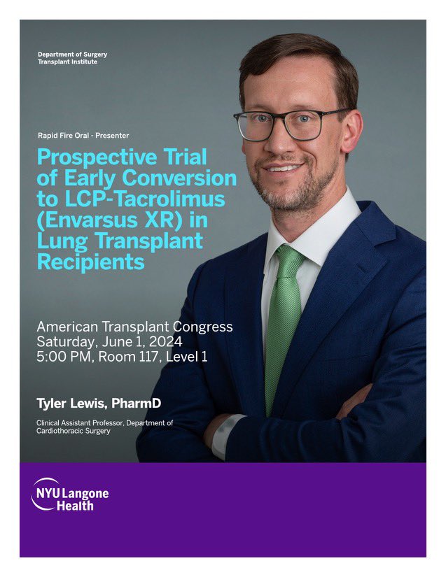 Today @ATCMeeting hear @NYULH_Surgery’s Tyler Lewis, PharmD speak about lung transplantation. #ATC2024Philly