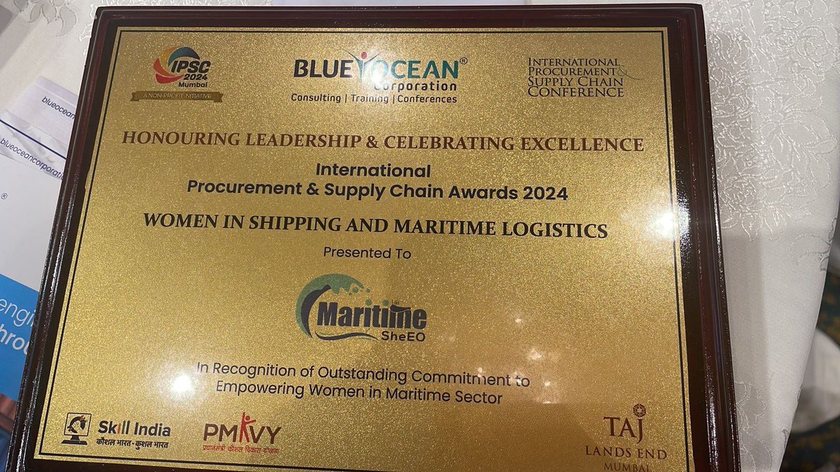 We are thrilled to share that @MaritimeSheeo has been honored with an award for our outstanding contribution to gender equality in the maritime industry by Blue Ocean Corporation at the International Procurement and Supply Chain conference today!