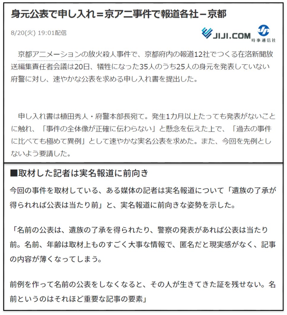 nittaryo's tweet photo. 【京アニ事件の場合】
京アニ
「直接取材と実名報道は控えて…」
↓
マスコミ
「実名報道しないと事件の全体像が正確に伝わらない!」
「名前はものすごく重要な要素!匿名だと記事の内容が薄くなる!!」
↓
直接取材と実名報道実施!!

【セクシー田中さん事件の場合】
マスコミ
「プライバシー配慮のため、関係者名は匿名にしまーす」
「関係者が安心して制作に臨むための調査でーす 原作者の死亡原因究明は目的じゃありませーん」
↓
原因究明も実名開示も拒否!!

私
「実名を出さないと全体像が正確に伝わらず、内容が薄くなるんじゃなかったの? 他者に対しては人権蹂躙レベルの居丈高な態度なのに、自分たちの不祥事では反省姿勢を示すだけで仲間を守り、誰も責任を取らないゲロ甘状態。お前らはどこまで傲岸不遜なんだ」

「しかも『脚本家はクリエイター。尊厳は尊重されるべき』などと主張しながら、同じくクリエイターであり、こだわりの強い原作者は『難しい人』扱い。これのどこに尊厳があるんだよ。単なる『叩き台』程度に原作を扱うなら、お前らはもう原作に頼らず、完全オリジナルでドラマ作れや」