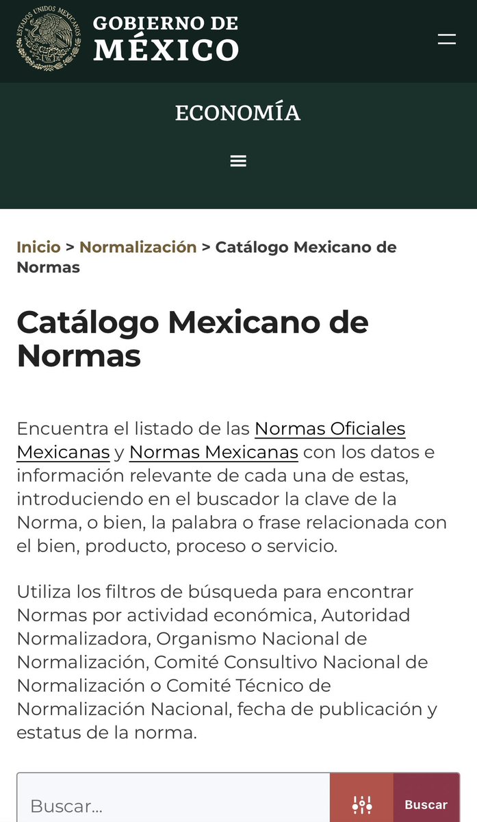 Encuentra el listado de las Normas Oficiales Mexicanas con la información relevante de cada una de estas, introduciendo en el buscador la clave de la Norma, o bien, la palabra o frase relacionada con el bien, producto, proceso o servicio:

👉 economia.gob.mx/platiica-norma…