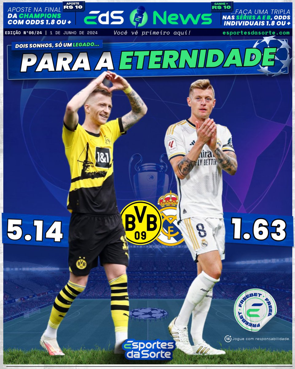 📰 JORNAL #EDSnews
 
🟨⬛️ Borussia Dortmund x Real Madrid ⬜️🟨

Na FINAL, quem ganha é você!
✅ Siga <a href="/EsportesDaSorte/">Esportes da Sorte</a> e dê RT neste tweet
✅ Comente o placar do jogo com a tag #CRAVADAdoADM + o seu login de usuário no site

SERÃO 50 BANCAS DE R$ 20
Seguiu os 3 passos, já está