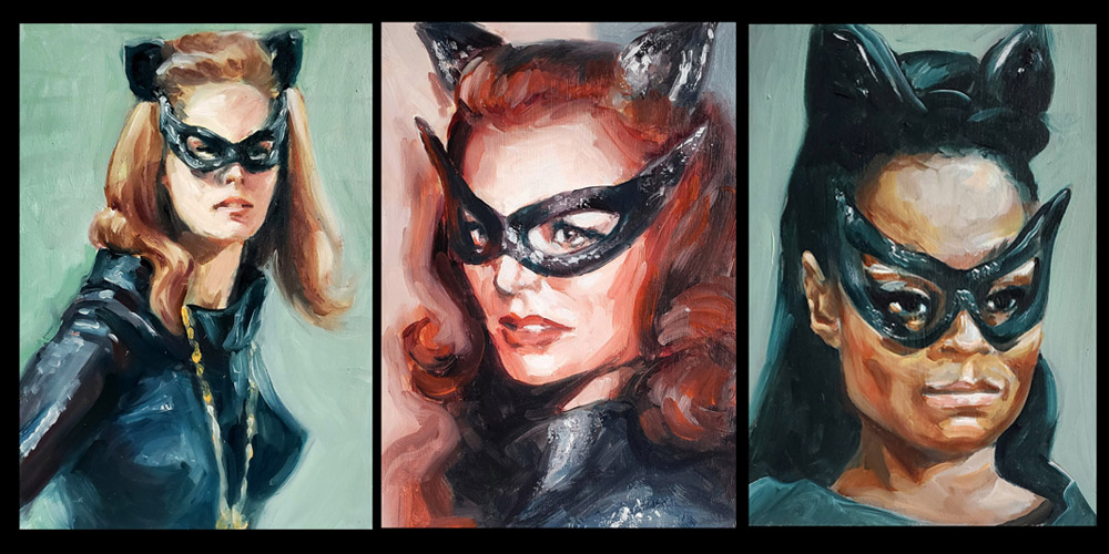 senojlas's tweet image. These 3 felines are available online today @BobCat_Gallery in Picture Purrfect exhib. bobcatgallery.co.uk/shop
L-R: 'On The PRRowl', 'Meow Sincerely', 'EaRRtha Kitt-en', all oil on board, 21 x 15 cm #fundraiser with a donation to @CatsProtection via #WorkforGood #catwomen #cats