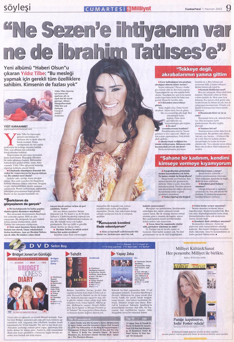 1 Haziran 2002
Milliyet Cumartesi Gazetesi
<a href="/YildizzTilbee/">Yıldız Tilbe</a> röportajı