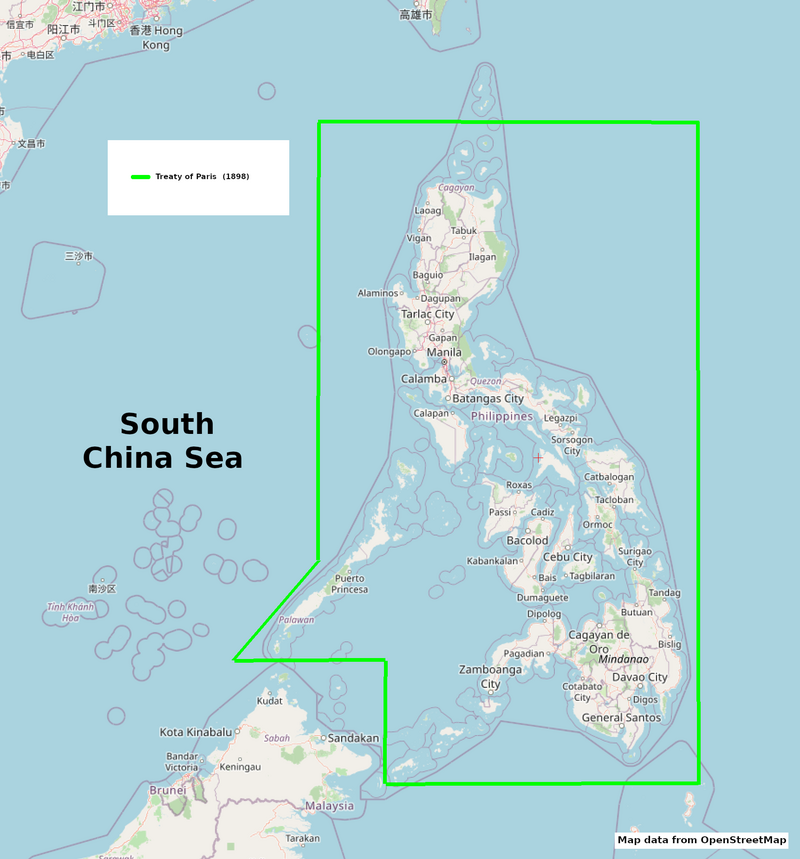 thinking_panda's tweet photo. Boundary of the Philippines based on Treaty of Paris (1898) shown in green lines.
It excludes the Spratly Islands in their entirety (where the famous Second Thomas Shoal is located) and it excludes the Scarborough Shoal which is right outside the border.
via @RnaudBertrand https://t.co/mvabVZ7C5d