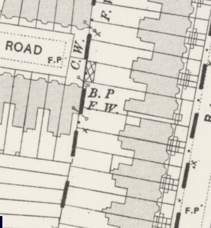 HistoryOfStokey's tweet photo. What a thrill it was just now going with @Ldn_Boundaries (right) to see the Hornsey Parish boundary marker from 1887 in the back garden of a house on Albion Road, where the boundary between Stoke Newington and one of Hornsey parish’s detached sections was until 1900. 

Such boundary posts, each with a unique identification number,  were dotted along the boundary line, and there were many of them around. They were marked in OS map as B. P (Boundary Post, Boundary Plate/Plaque). The post was halfway in the ground originally. 

Only a few survive today, and as some were in back gardens, I used to joke with @Ldn_Boundaries that we should go and knock on houses to ask if the boundary marker in the back garden, as indicated on the map, is still there. Imagine my excitement when I received a message from someone who said there was a boundary post in their back garden!