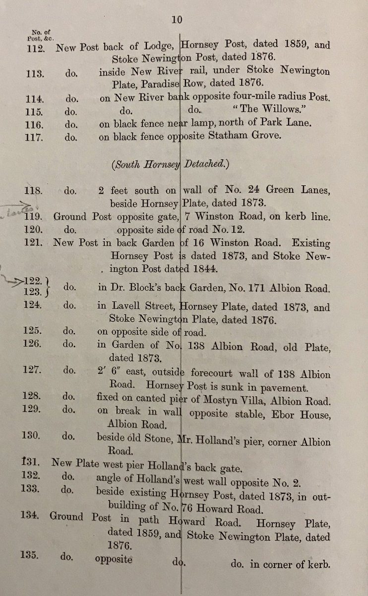 HistoryOfStokey's tweet photo. What a thrill it was just now going with @Ldn_Boundaries (right) to see the Hornsey Parish boundary marker from 1887 in the back garden of a house on Albion Road, where the boundary between Stoke Newington and one of Hornsey parish’s detached sections was until 1900. 

Such boundary posts, each with a unique identification number,  were dotted along the boundary line, and there were many of them around. They were marked in OS map as B. P (Boundary Post, Boundary Plate/Plaque). The post was halfway in the ground originally. 

Only a few survive today, and as some were in back gardens, I used to joke with @Ldn_Boundaries that we should go and knock on houses to ask if the boundary marker in the back garden, as indicated on the map, is still there. Imagine my excitement when I received a message from someone who said there was a boundary post in their back garden!