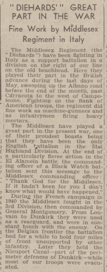 MiddlesexReg57's tweet photo. June 24th 1944
Middlesex Chronicle
At the end of fierce action at the Battle of El Alamein the the Black Watch C/O battalion sent this message to the Middlesex commanding officer:
"Thank God for the Middlesex. If it hadn't been for you I don't know what would have happened" https://t.co/qSdKv9UEqT