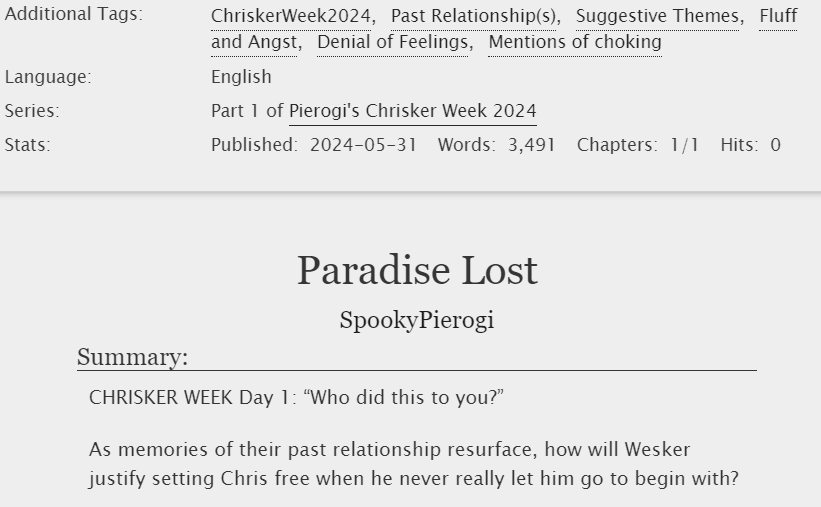 sp00kypierogi's tweet photo. WE BACK BABY.

Celebrating ChriskerWeek with my return to writing. This one is written using a series of flashbacks and I really like how it came out.  It’s called “Paradise Lost” for the #ChriskerWeek2024 prompt “Who did this to you?” - ENJOY AND BE FED!

https://t.co/MsHjRXNMYm https://t.co/w0aIMaTzX3