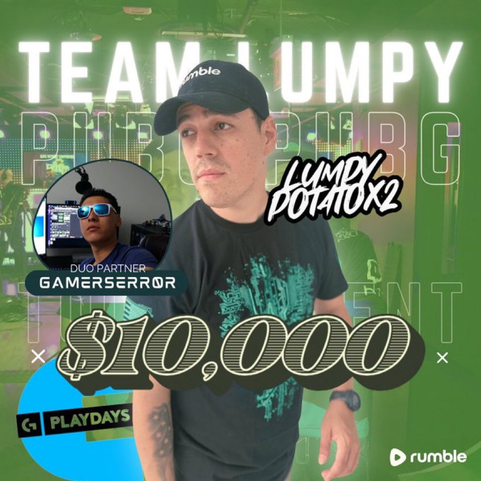thelumpypotato's tweet image. Watch today as we Battle for a $10,000 !

Game: @PUBG
Host: @LogitechG
DUO: @GamersErr0r
When: 4PM EST 📅

Watch LIVE on @rumblevideo 🏴‍☠️

#RumbleTakeover #PUBG #LogitechG