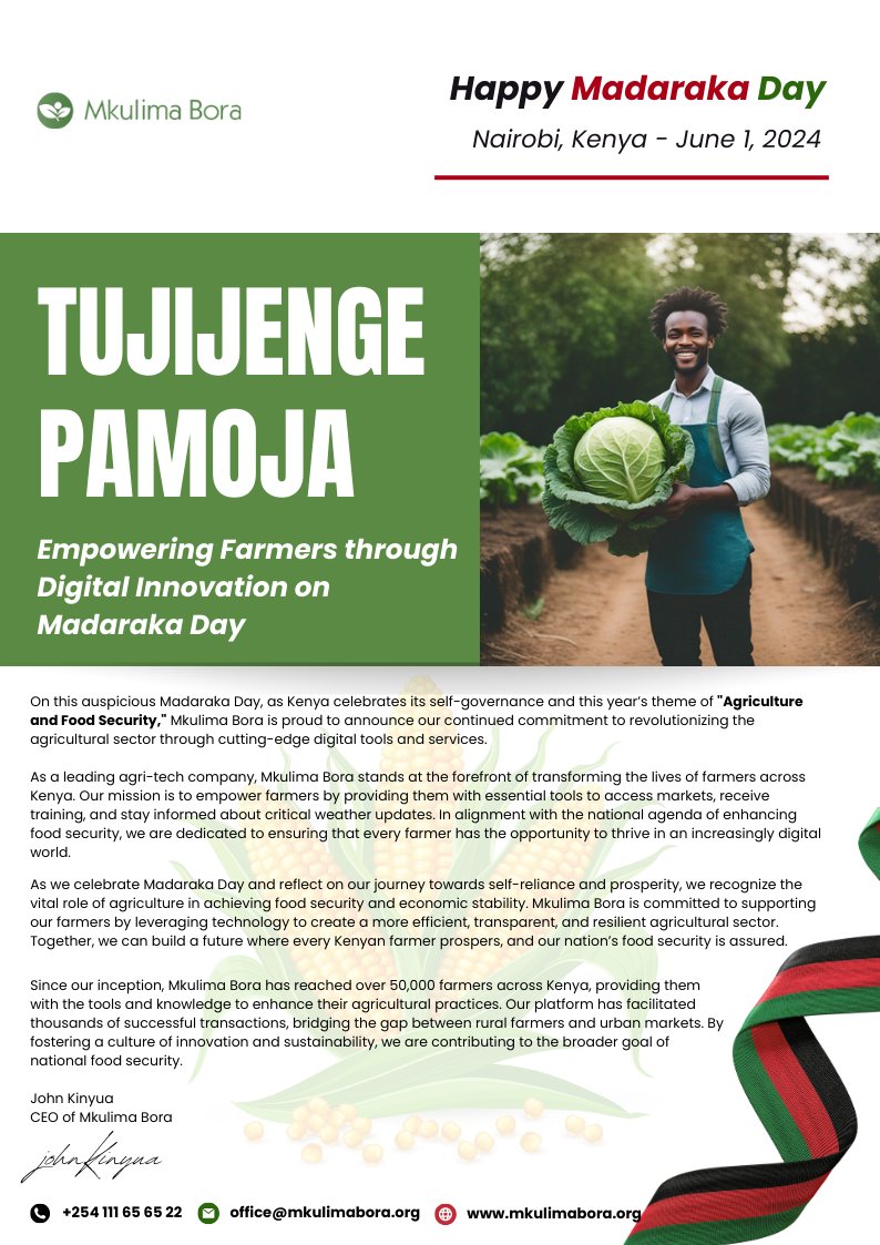 Happy Madaraka Day

Buy / Sell / Connect 
portal.mkulimabora.org

#MadarakaDay2024