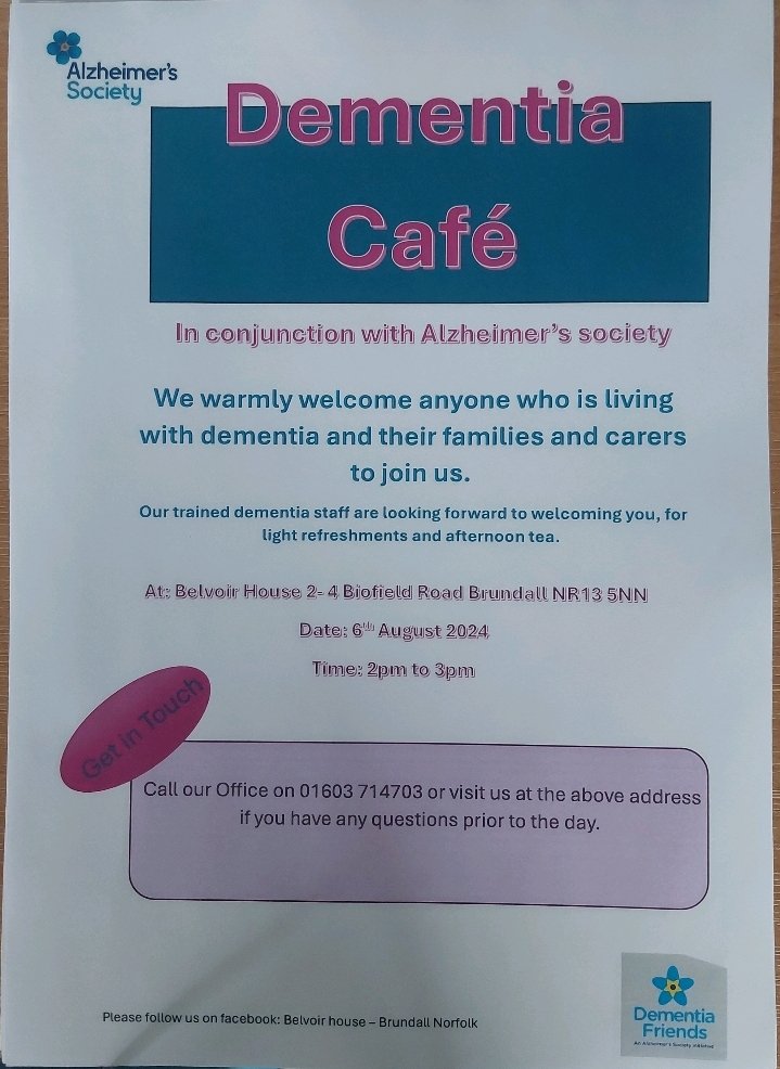 A lovely new dementia cafe is starting up on Tuesday August 6th, 2-3pm Belvoir House- Brundall Norfolk for families affected by dementia. Contact the Home for more details.

<a href="/alzheimerssoc/">Alzheimer's Society</a> 
<a href="/DementiaFriends/">Dementia Friends</a>