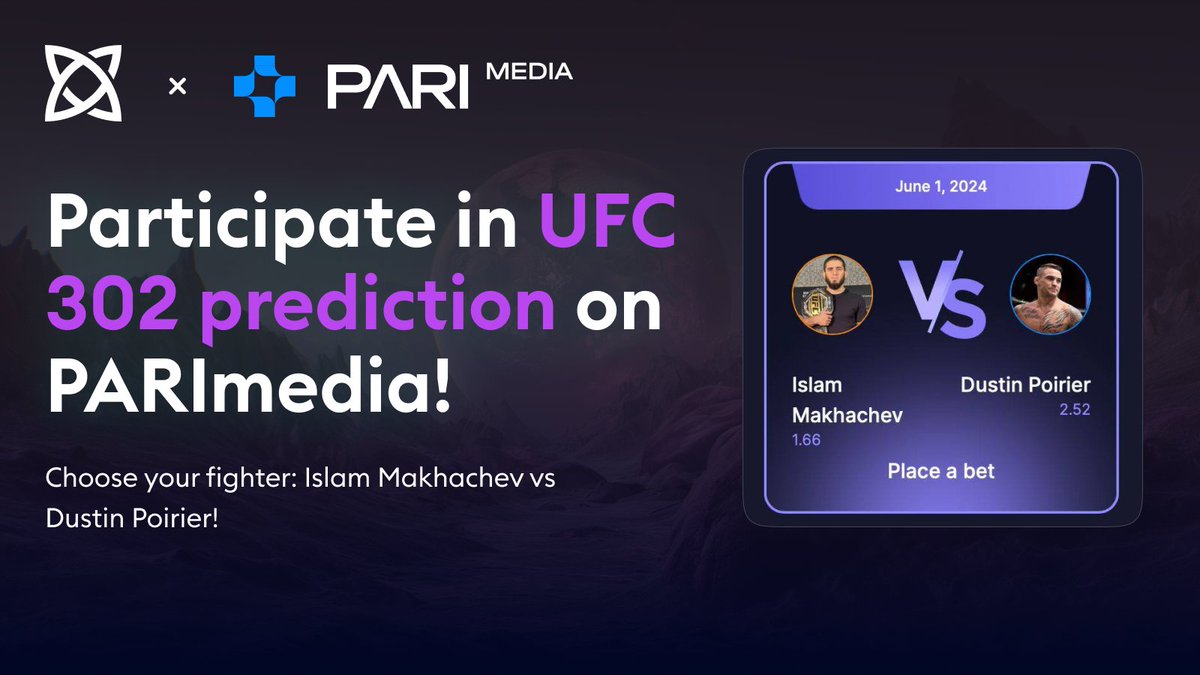 Cyberbase (@cyberbasexyz) on Twitter photo Get ready for #UFC302! π₯ Who's your pick? The reigning UFC lightweight champ, Islam <a href="/MAKHACHEVMMA/">Makhachev Islam</a>, from Russia, or #4 ranked lightweight, <a href="/DustinPoirier/">The Diamond</a>, from the USA?
Cast your prediction on PARImedia: pari.media/events. Let the best fighter win! πͺ Get ready for #UFC302! π₯ Who's your pick? The reigning UFC lightweight champ, Islam <a href="/MAKHACHEVMMA/">Makhachev Islam</a>, from Russia, or #4 ranked lightweight, <a href="/DustinPoirier/">The Diamond</a>, from the USA?
Cast your prediction on PARImedia: pari.media/events. Let the best fighter win! πͺ