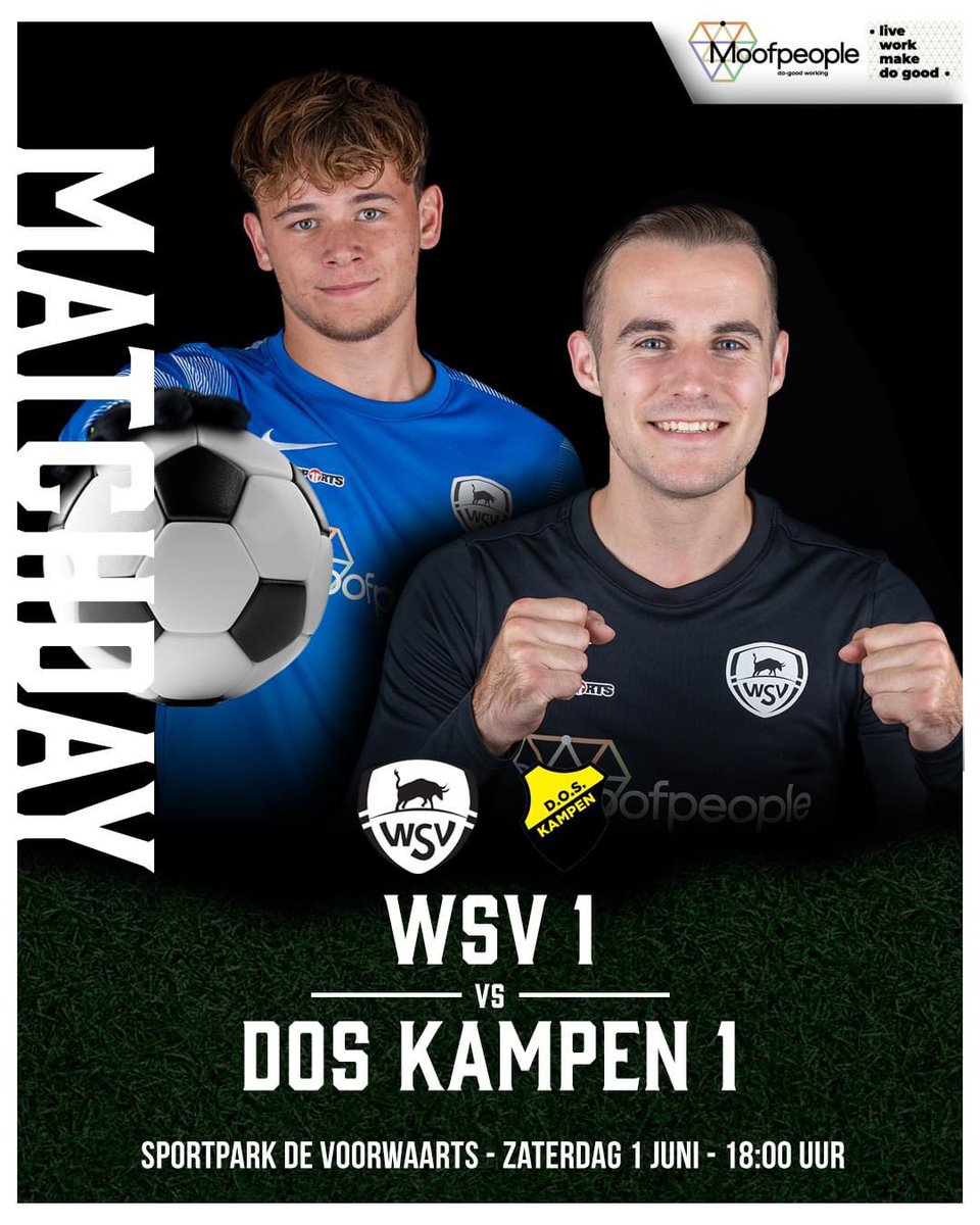 🔥 TODAY = MATCHDAY 🔥
⚽ WSV 1 - DOS Kampen 1
🕕 18:00
📌 Sportpark de Voorwaarts
❌ geen liveverslag