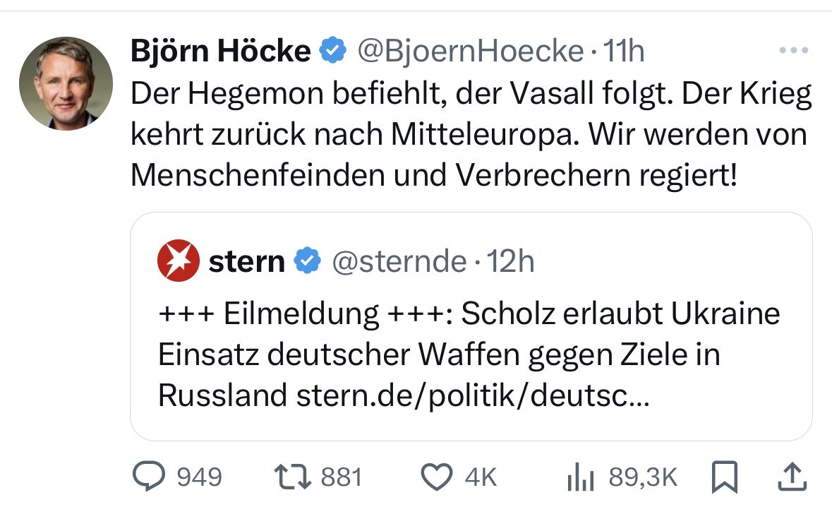 Regierende in Deutschland seien „Verbrecher“, schreibt #Höcke am Tag vor dem Jahrestag des Mordes an Walter #Lübcke. 
Genau diese Art geistiger Brandstiftung hat den Mord ermöglicht.
#noAfD