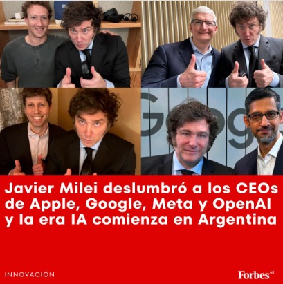 ehalvarez's tweet image. The president of Argentina, Javier Milei, concluded this Friday a week in Silicon Valley,  where few leaders have the opportunity of organizing: meetings with CEOs of Apple, Google, Meta and OpenAI, to position Argentina as a leader in advanced technologies.