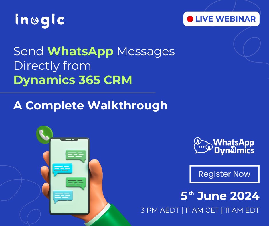 inogic's tweet image. Stay on top of customer inquiries with real-time #WhatsApp notifications in #Dynamics365 via #WhatsApp4Dynamics!

Register now for our upcoming #webinar on 5th June
bit.ly/47z4GU5

#whatsappintegration #whatsappdynamics365 #messagingplatform #dynamicscrm #CRMintegration