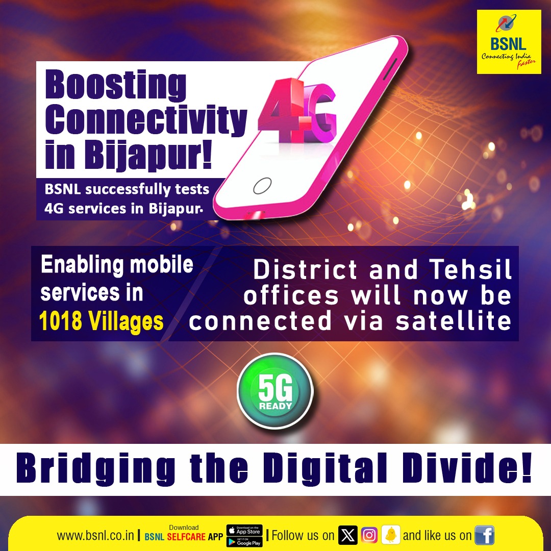 BSNLCorporate's tweet image. With #BSNL's 4G service tests in Bijapur, 1018 villages will soon experience enhanced #MobileConnectivity. Satellite connections will streamline communication for district and tehsil offices. 

#BSNL4G #BoostingConnectivity