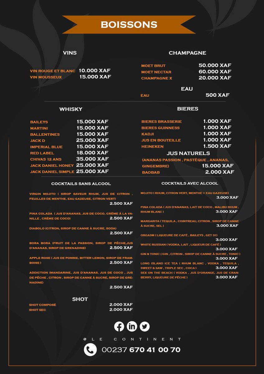 L E    M E N U   DU   C O N T I N E N T 🍗🍸

📍Douala, Makepe Rhône Poulenc, derrière Afriland First Bank

📞 670 410 070 / 691 229 574