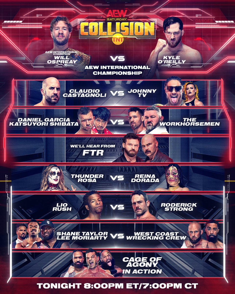 As we continue to get closer to #ForbiddenDoor, #AEWCollision returns to @TNTDrama TONIGHT with a fully loaded night of action at 8pm ET/7pm CT!