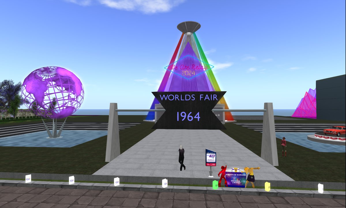 EthanWestland's tweet photo. The 2024 Relay for Life track will open to the public sometime today, with the theme "Decades of Hope". Our campsite is inspired by the 1964 World's Fair and we hope you'll come by and check it out. Work still ongoing, with one week until we RELAY! SLURL https://t.co/PfusEjGwb4 https://t.co/UnqvmPYIpE