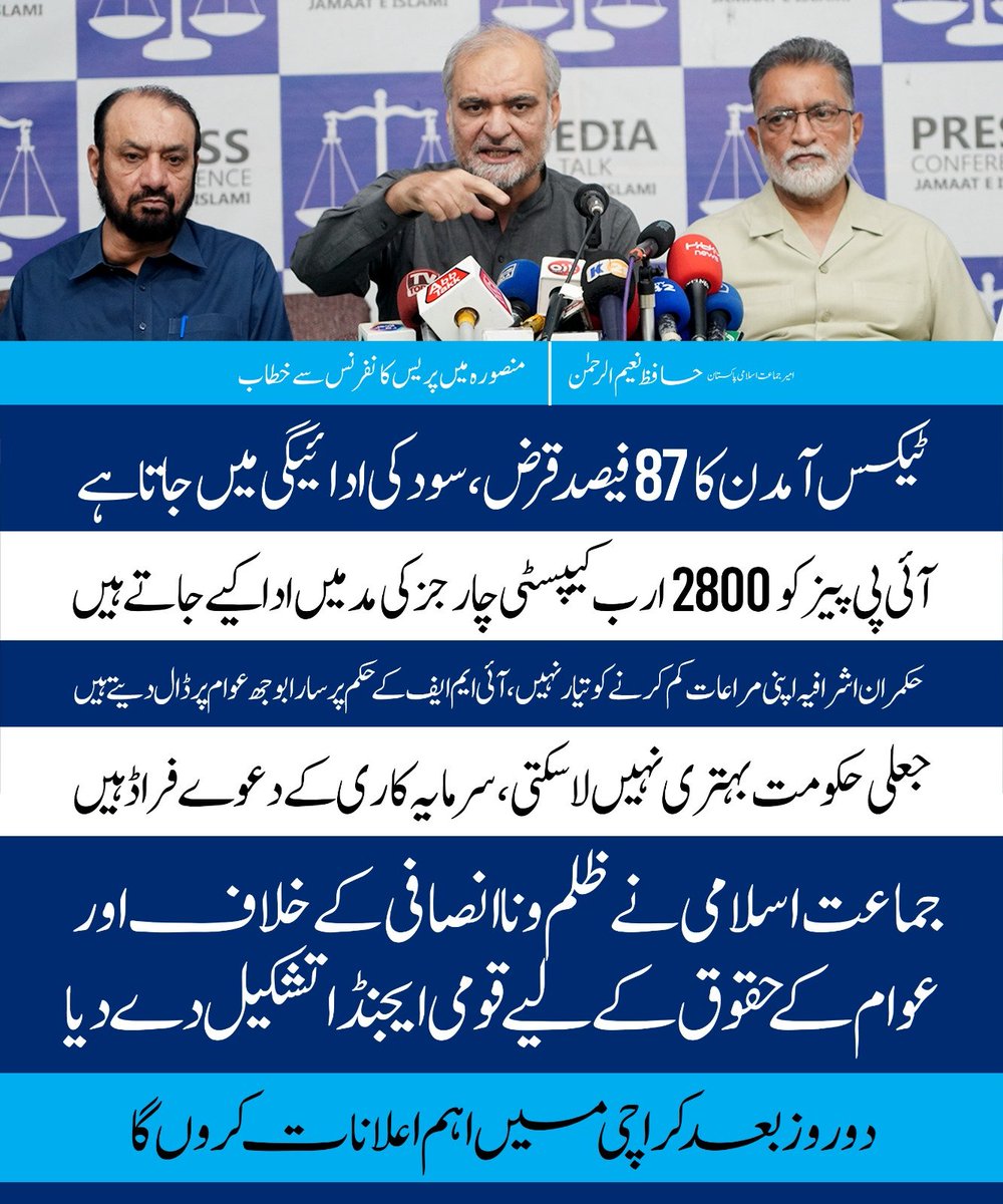JIPOfficial's tweet photo. ٹیکس آمدن کا 87 فیصد قرض، سود کی ادائیگی میں جاتا ہے، آئی پی پیز کو 2800 ارب کیپسٹی چارجز کی مد میں ادا کیے جاتے ہیں، حکمران اشرافیہ اپنی مراعات کم کرنے کو تیار نہیں، آئی ایم ایف کے حکم پر سارا بوجھ عوام پر ڈال دیتے ہیں۔ جعلی حکومت بہتری نہیں لاسکتی، سرمایہ کاری کے دعوے فراڈ ہیں، جماعت اسلامی نے ظلم و نا انصافی کے خلاف اور عوام کے حقوق کے لیے قومی ایجنڈا تشکیل دے دیا، دو روز بعد کراچی میں اہم اعلانات کروں گا۔ حافظ نعیم الرحمن