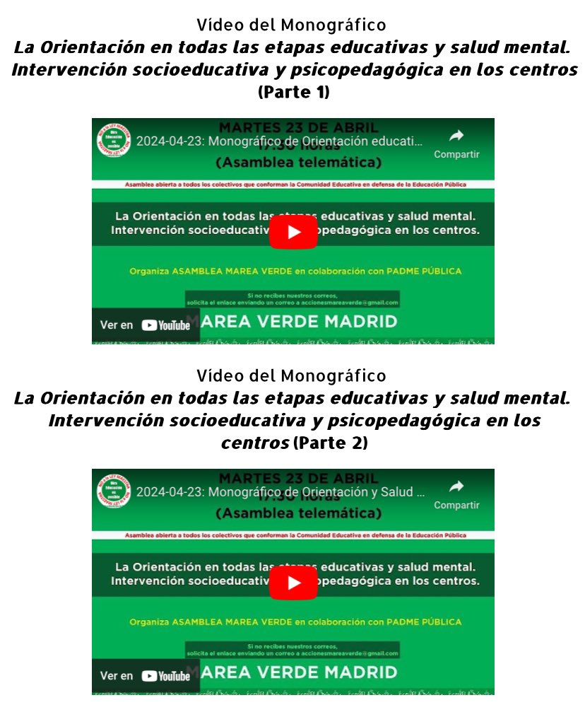🎥 Vídeos del Monográfico “La Orientación en todas las etapas educativas y #SaludMental. Intervención socioeducativa y psicopedagógica en los centros” 

🟢🟩 Organizado por 
🟩🟢 Asamblea Marea Verde en colaboración con <a href="/padmepubli/">PADME Pública</a>. 

23-4-2024

mareaverdemadrid.blogspot.com/2024/05/video-…