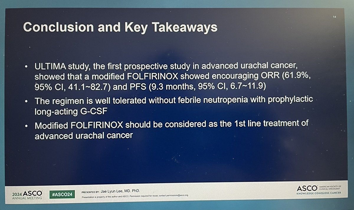 Dr. Jae-Lyun Lee PhII mFOLFIRINOX for #1L adv #urachalcancer 

n=21 
ORR 61.9% (2 CRs)
Median PFS 9.3 mos
Median OS 26.4 mos

No febrile neutropenia or G4 events w/prophylactic GCSF on protocol #ASCO24 

<a href="/OncoAlert/">OncoAlert</a>