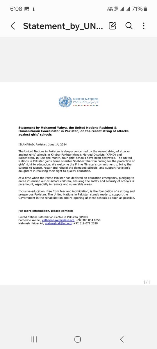 OCHAPakistan's tweet photo. Statement by Mohamed Yahya, the United Nations Resident & Humanitarian Coordinator in Pakistan, on the recent string of attacks against girls’ schools.
The UN in Pakistan is deeply concerned by the recent string of attacks against girls’ schools in Khyber Pakhtunkhwa.
#UNinPak https://t.co/XbefrsLpdX