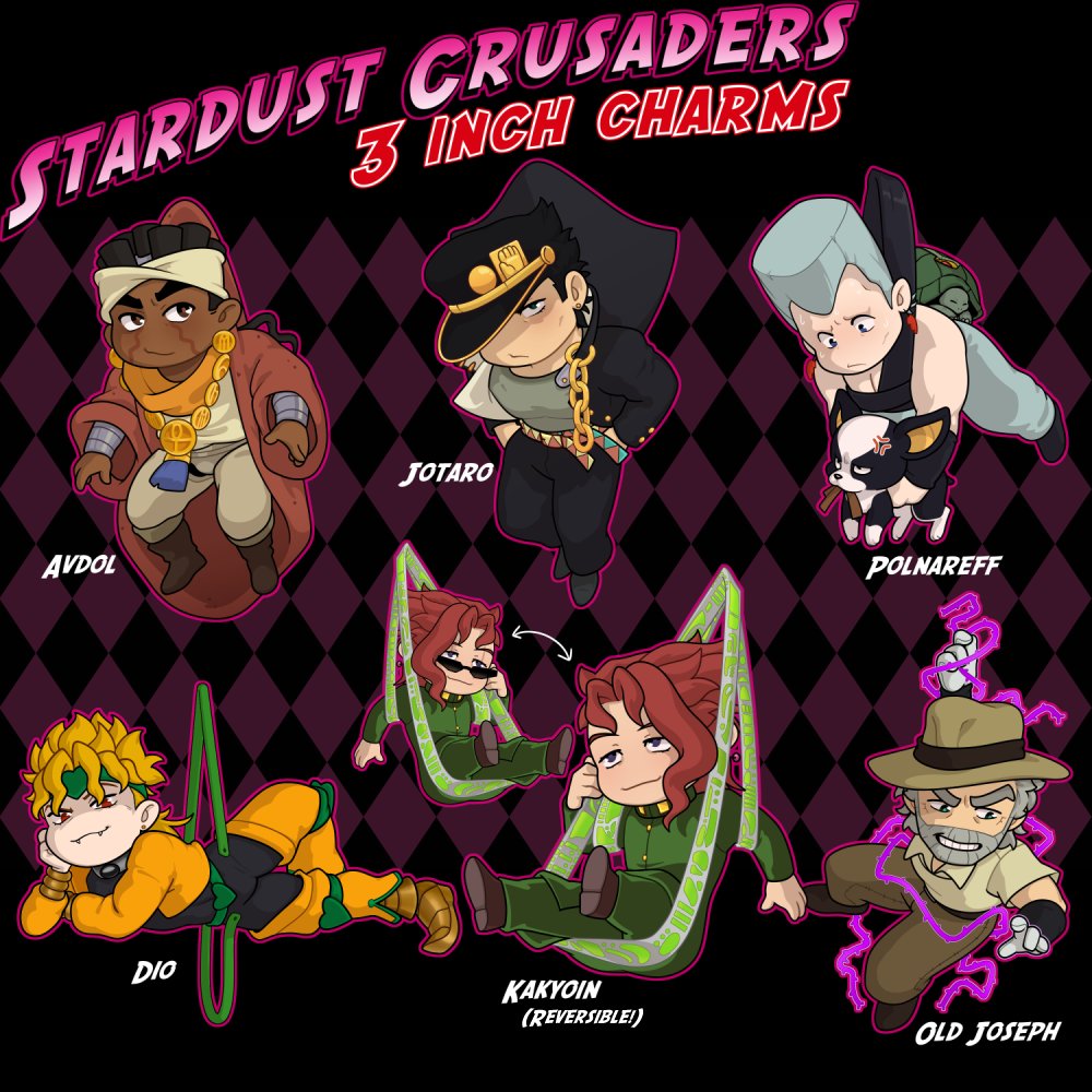 ★★★PREORDERS ARE OPEN!★★★

The JJBA Stardust Crusaders charms are now available for preorder! They'll each be 3 inches at their longest point!

£12 each or any three for £30! These will be up for preorder from 1st June 2024 - 30th June 2024!

★ LINK IN REPLY! ★