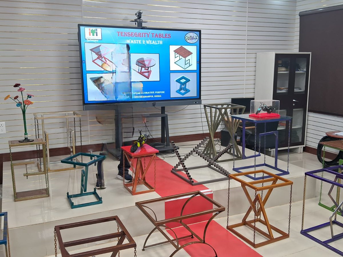 SDTEOdisha's tweet photo. Combining physics principles with #Waste2Wealth. 

#SkilledInOdisha from @ITI_BERHAMPUR designed a unique project. 

Under the mentorship of Sri R S Gopalan IAS, RDC Southern Zone, they developed 14 innovative Tensegrity Tables. 

A brilliant fusion of physics and sustainability! https://t.co/15UDpsVxYF