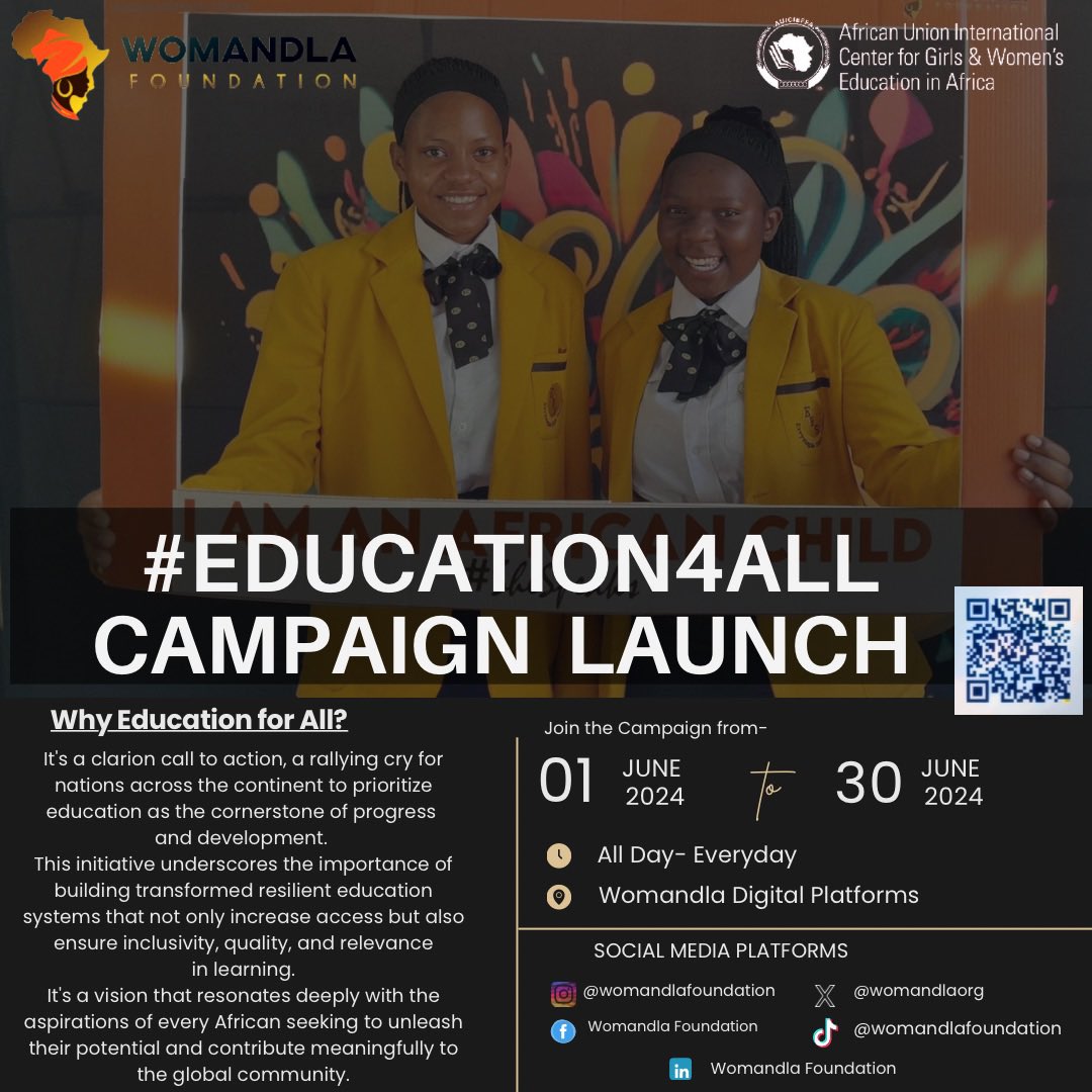 We are excited to be launching the #Education4All campaign. It prioritizes #SDG4 #QualityEducation, supporting the initiative #AfricaEducatesHer
by <a href="/_AfricanUnion/">African Union</a> <a href="/AU_WGYD/">African Union Women, Gender & Youth Directorate</a>. Join us this campaign month of #June2024 follow our platforms for more updates.