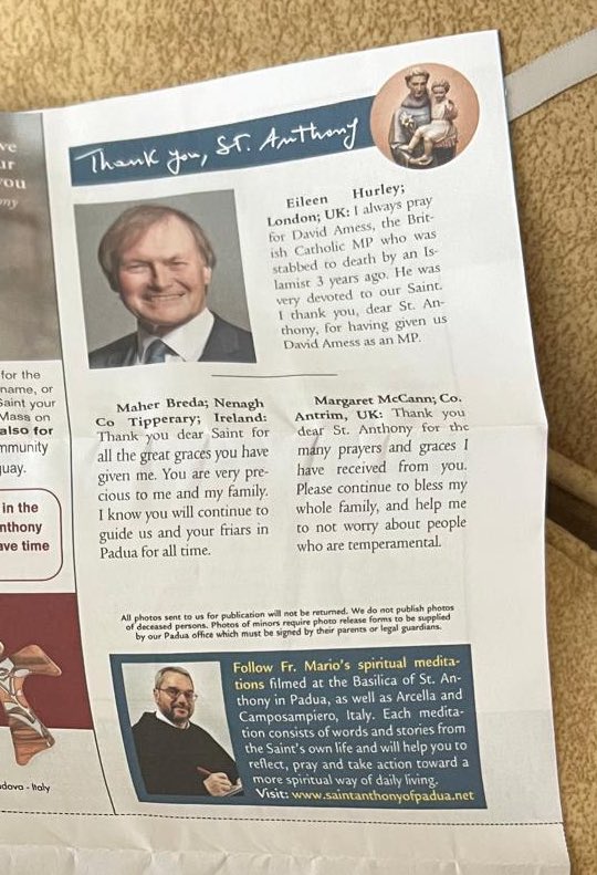 PhilJC2's tweet photo. Pleased to see this in @FriarMario’s excellent newsletter from the Shrine of St Anthony. Please continue to pray for David’s soul. https://t.co/1x1f6ojZWe