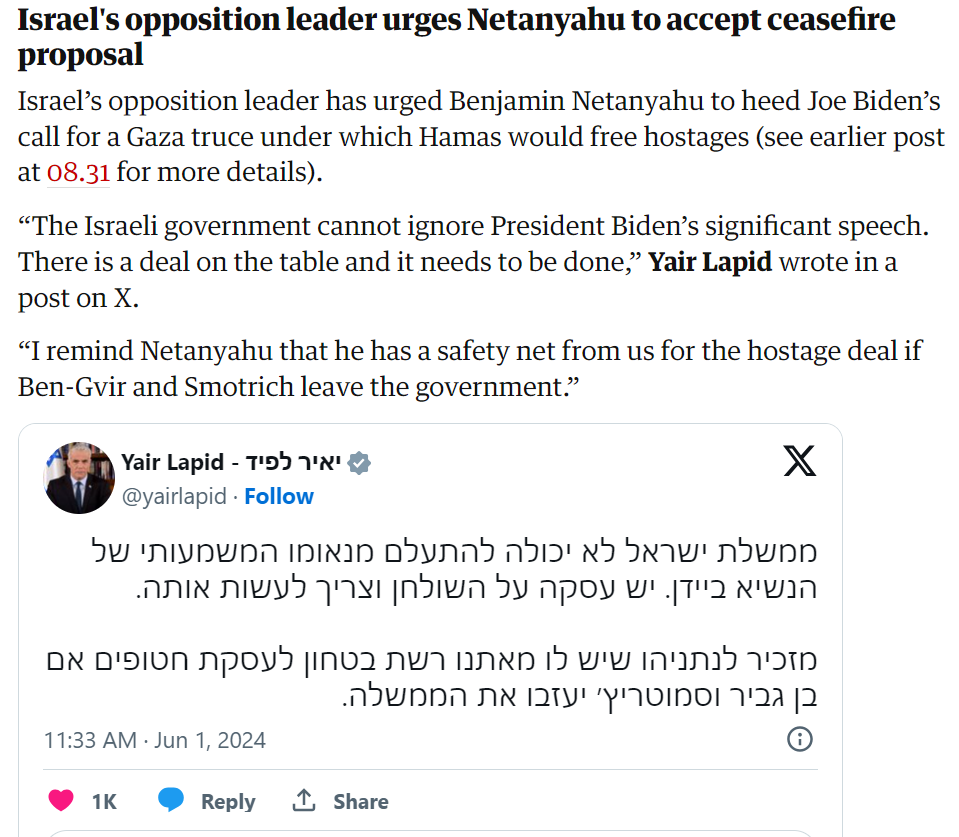 LaylaMoran's tweet photo. I agree with @yairlapid. It's beyond time for an immediate bilateral ceasefire and I hope that Netanyahu and Hamas accept the deal that's on the table. 

We need to stop the killing and release the hostages. https://t.co/0hxfw90WkU