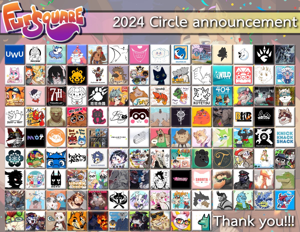 ✨Announcing the list of Circles for FurSquare2024✨ 
There are 122 circles! this year. We would like to thank all our friends who have joined and supported us in every way possible. 🎉
fsq.anthro.asia/2024/circle/in…