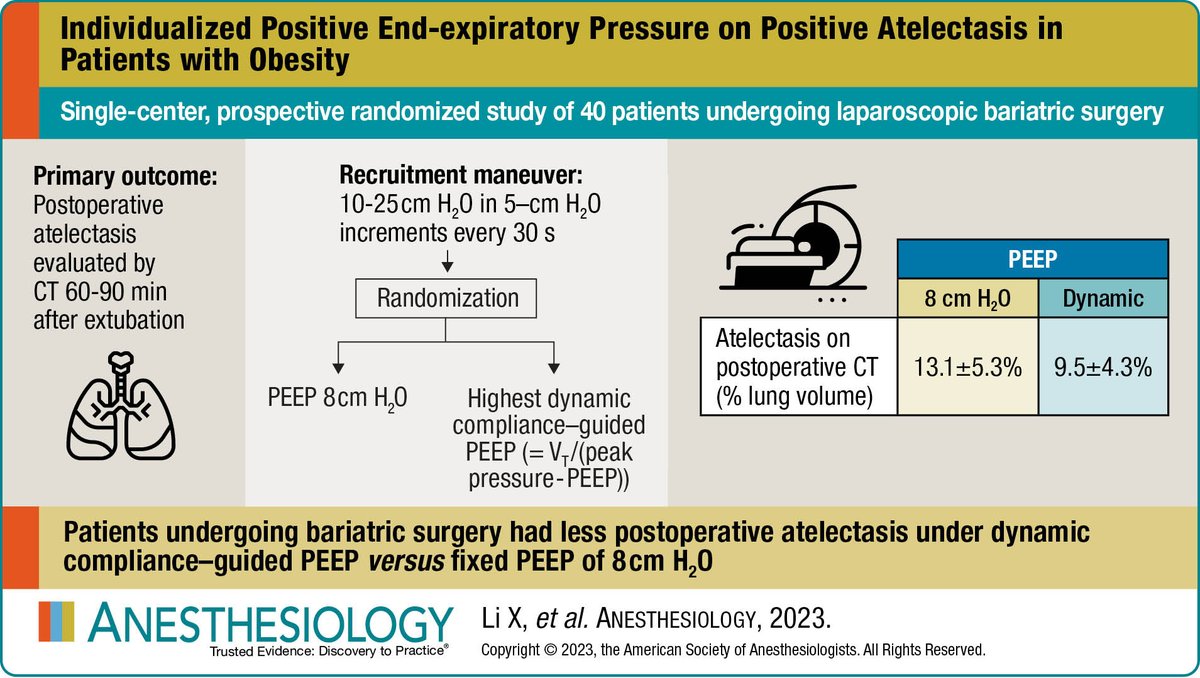 Visual Abstract in #Anesthesiology - Individualized Positive End-expiratory Pressure on Postoperative Atelectasis in Patients with Obesity 🖌️ ow.ly/awrq50RYRyO