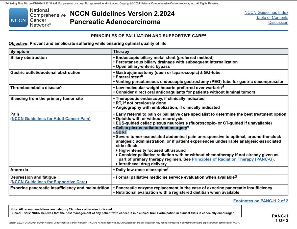Improving symptom palliation in pancreas cancer critical. Great presentation by Dr. Chiorean.

Wanted to add celiac SBRT as option – multiple studies showing high efficacy rates w 25 Gy x 1 (Yaacov Lawrence) or 8 Gy x 3 (PAINPANC trial)

Also now in 2024 NCCN guidelines! #ASCO24