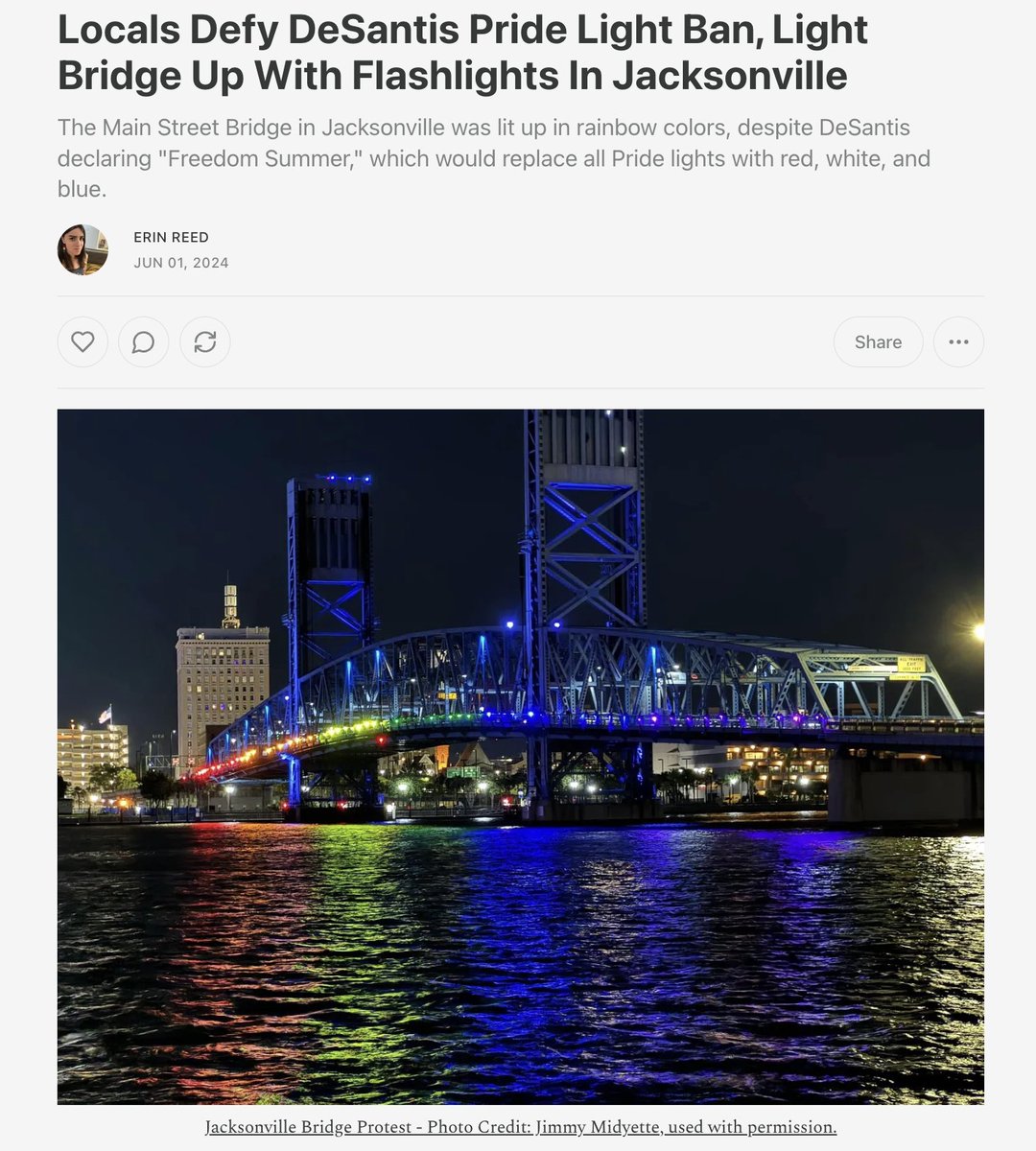 1. DeSantis banned rainbow Pride lights on bridges, but that didn't stop Jacksonville.

Citizens took to the Main Street Bridge with flashlights and colored gels last night, and proceeded to light it up anyway.

Subscribe to support my journalism, and happy Pride.