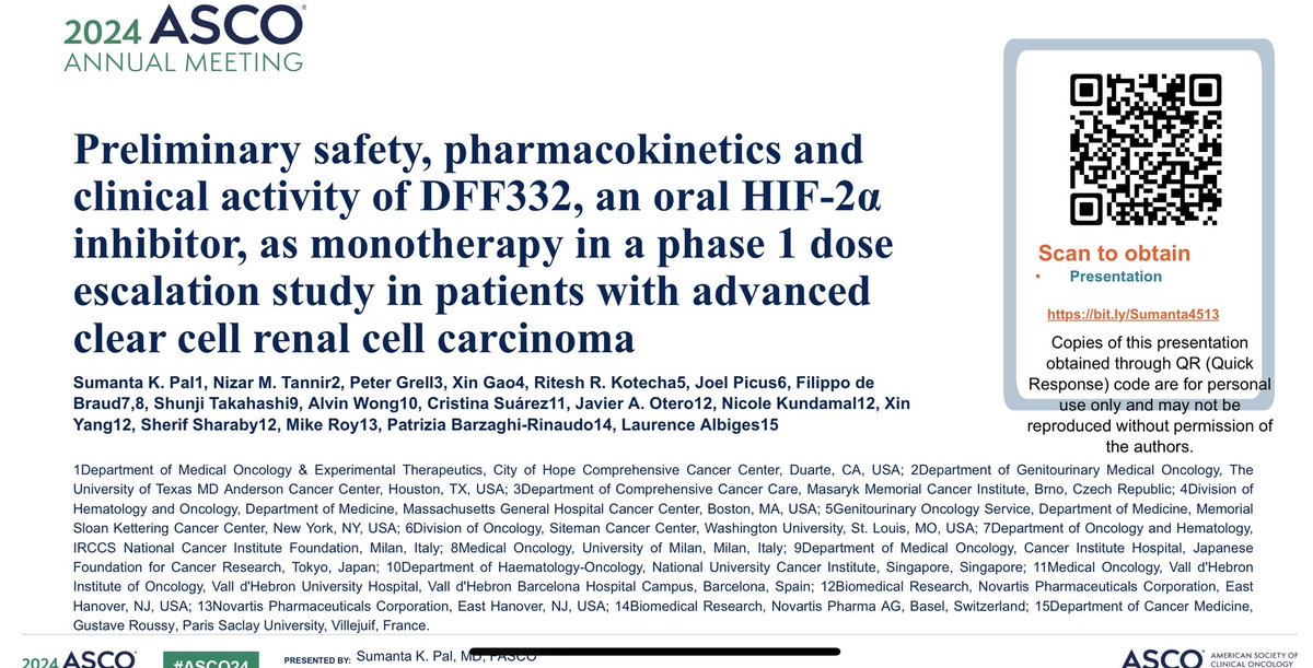 tompowles1's tweet photo. DFF332 (HIF2a inhibitor) was tested in heavily pretreated RCC. 5% response rates and some stable disease. HIF biomaker looked unhelpful, but more to do here. Belzutifan seems more active as a single again #ASCO24 @montypal https://t.co/OeOke2bxC7