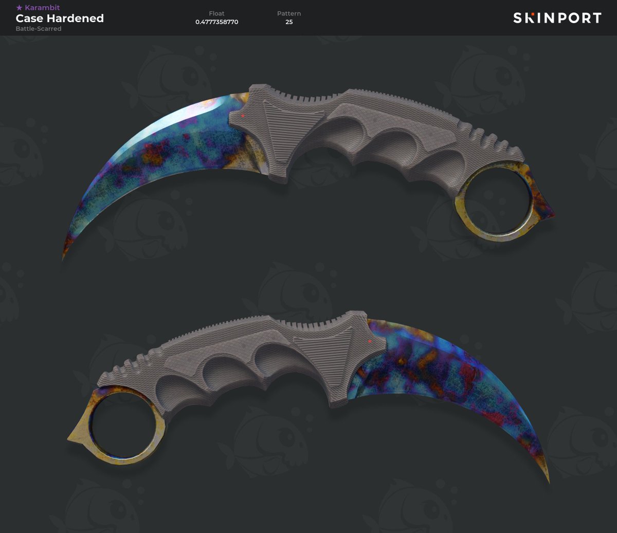 ★ Karambit | Case Hardened (Battle-Scarred)

Float: 0.47
Pattern: 25

Contact: steamcommunity.com/profiles/76561…