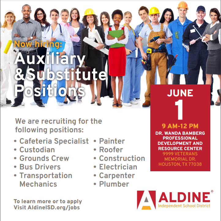 AldineMaint's tweet photo. Join the Maintenance Department at today's Job Fair from 9 AM-12 PM. Located at 9999 Veterans Memorial Dr. Houston, TX 77038. https://t.co/do3JNJ4v6B