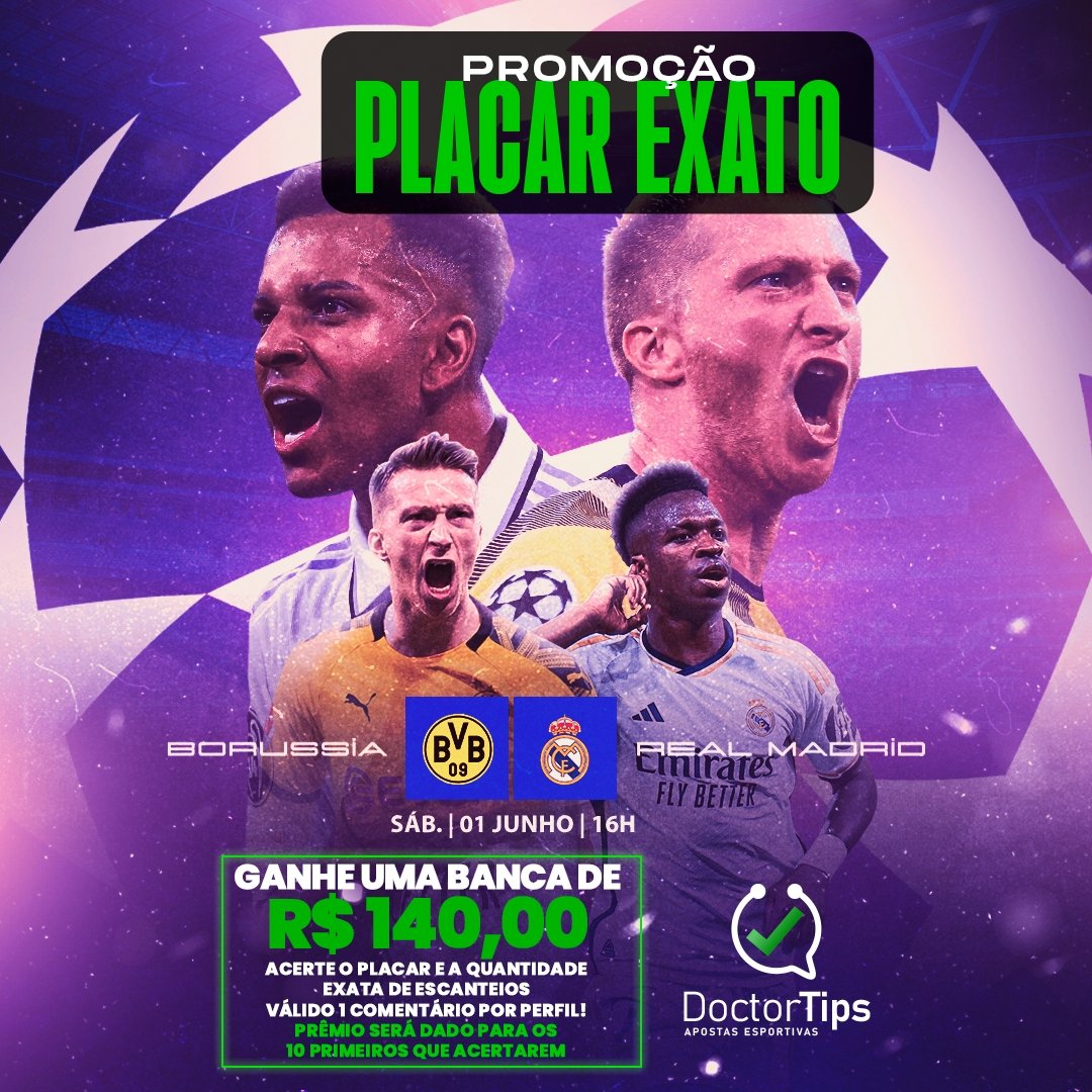 🤑 PROMOÇÃO PLACAR EXATO!

Valendo BANCAS DE R$140,00 pra quem acertar o PLACAR e o número de ESCANTEIOS de Borussia x Real Madrid!

🔥 Pra participar, tem que CURTIR e RETWEETAR esse post!