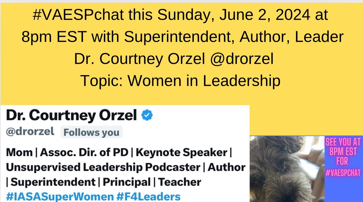 Dr. Andrew Buchheit (@andrewbuchheit) on Twitter photo #VAESPchat this Sunday, June 2, 2024 at 8pm EST with Dr. Courtney Orzel <a href="/drorzel/">Dr. Courtney Orzel</a> Topic: Women in Leadership <a href="/AllysonApsey/">Allyson Apsey</a> @LaVonnaRoth <a href="/burgess_shelley/">Shelley Burgess</a> <a href="/ShelleyPohzehl/">Shelley Pohzehl</a> <a href="/nankr1120/">Kristen Nan♣️♥️♠️#ALLinEDU</a> <a href="/LeanoraBenton3/">Leanora Benton D.Ed.</a> <a href="/ZBauermaster/">Zac Bauermaster</a> <a href="/bmartinreal/">Brian Martin</a> <a href="/bethhill2829/">Bethany Hill🌟#JoyfulLeaders</a> <a href="/JennyBlalock124/">Jenny Marie Blalock, Ed. D</a> <a href="/burgessdave/">Dave Burgess</a> <a href="/ben_kiser/">Ben Kiser</a> #VAESPchat this Sunday, June 2, 2024 at 8pm EST with Dr. Courtney Orzel <a href="/drorzel/">Dr. Courtney Orzel</a> Topic: Women in Leadership <a href="/AllysonApsey/">Allyson Apsey</a> @LaVonnaRoth <a href="/burgess_shelley/">Shelley Burgess</a> <a href="/ShelleyPohzehl/">Shelley Pohzehl</a> <a href="/nankr1120/">Kristen Nan♣️♥️♠️#ALLinEDU</a> <a href="/LeanoraBenton3/">Leanora Benton D.Ed.</a> <a href="/ZBauermaster/">Zac Bauermaster</a> <a href="/bmartinreal/">Brian Martin</a> <a href="/bethhill2829/">Bethany Hill🌟#JoyfulLeaders</a> <a href="/JennyBlalock124/">Jenny Marie Blalock, Ed. D</a> <a href="/burgessdave/">Dave Burgess</a> <a href="/ben_kiser/">Ben Kiser</a>