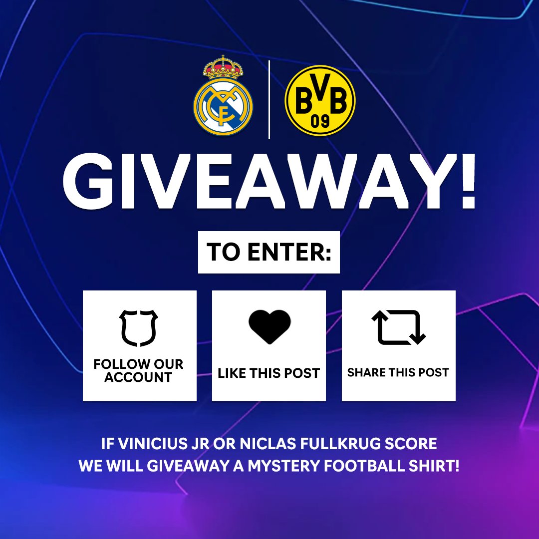 mysteryfootball's tweet photo. UCL Final Giveaway Time! 🚀

If Vinicius Jr or Niclas Füllkrug score tonight, we will give away a Mystery Football shirt to one lucky follower! ⚪🟡

Good Luck! 🤞 https://t.co/sB7w6B1XJR