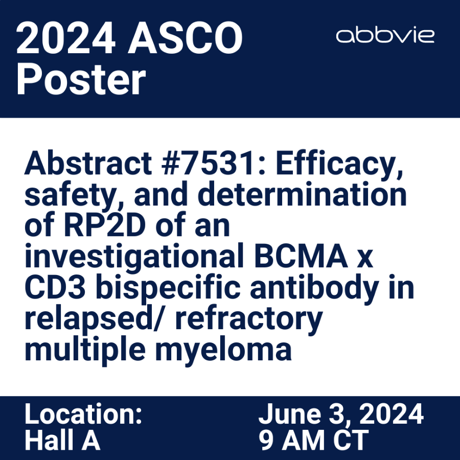 AbbVie Oncology Medical Affairs (@abbvieusoncmed) on Twitter photo At #ASCO24: Dr. Cesar Rodriguez (<a href="/myelomatips/">Cesar Rodriguez, MD (Myelomatips.com)</a>) presents results for a Phase 1b study exploring dosing schedules for an investigational BCMA directed bispecific antibody in patients with relapsed/refractory #MultipleMyeloma. #mmsm bit.ly/4e7eF70 At #ASCO24: Dr. Cesar Rodriguez (<a href="/myelomatips/">Cesar Rodriguez, MD (Myelomatips.com)</a>) presents results for a Phase 1b study exploring dosing schedules for an investigational BCMA directed bispecific antibody in patients with relapsed/refractory #MultipleMyeloma. #mmsm bit.ly/4e7eF70
