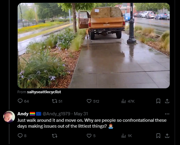 Boenau's tweet photo. Car Brain is the urge, habit, or tendency to justify antisocial behavior when a motor vehicle is involved.

e.g. "Just walk around it and move on." https://t.co/WK6ggZlu7k