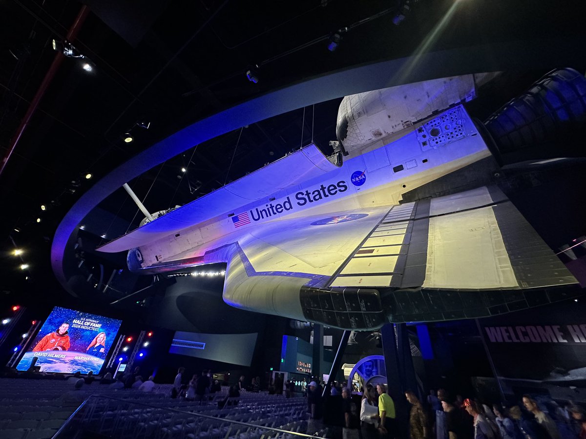 laughingplace's tweet photo. We are starting this morning at Kennedy Space Center Visitor Complex in the shadow of Space Shuttle Atlantis for the 2024 Astronaut Hall Of Fame Induction Ceremony. This years inductees Marsha Ivins and David Hilmers combined have logged over 1,500 hours in space. #kscvc https://t.co/ERz3arPssR