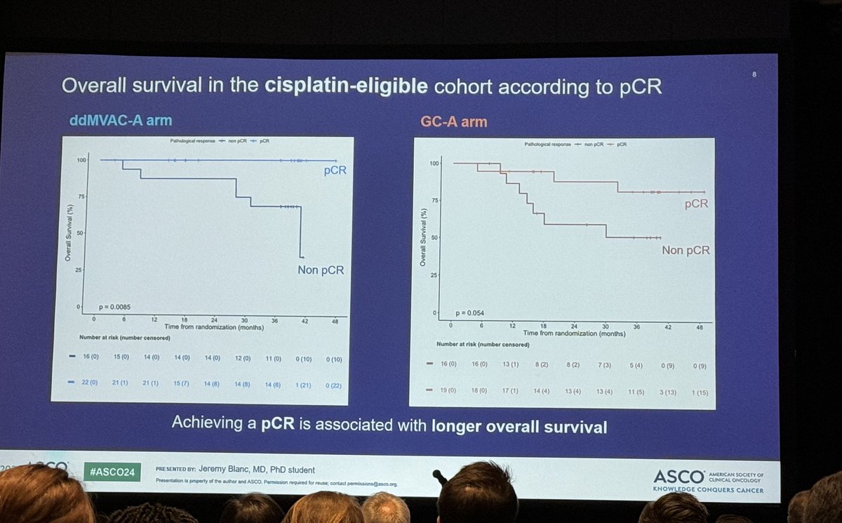 DrChoueiri's tweet photo. Interesting survival data from the #AURA trial presented by @BlancJeremy showing that a pCR is correlated with ⬆️ survival outcomes in pts w/ #MIUC. Adding neoadj. avelumab to cisplatin-based chemo resulted in meaningful DFS & OS at 12 & 36 mo. respectively!
#ASCO24 @ASCO @Oncoalert @Urotoday @Uromigos @OncLive