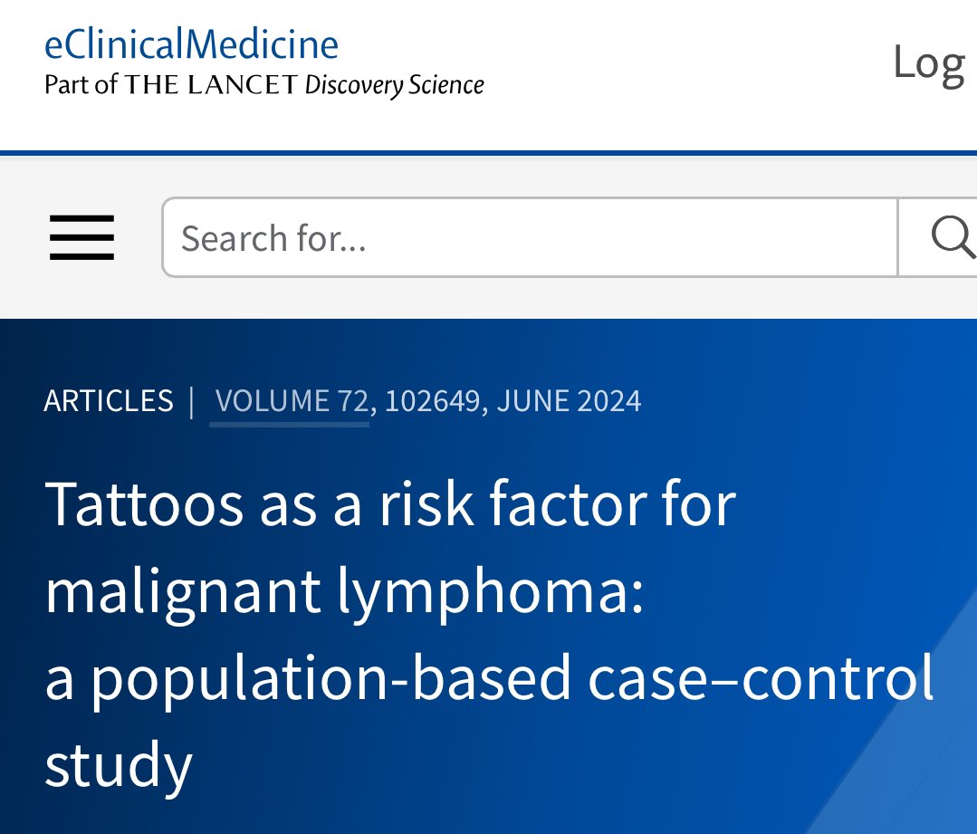 🖊️⚕️Los tatuajes podrían aumentar riesgo de cáncer (linfoma)
➡️La tinta para tatuajes suele contener sustancias químicas cancerígenas, por ejemplo, aminas aromáticas primarias, hidrocarburos aromáticos policíclicos y metales.

thelancet.com/journals/eclin…