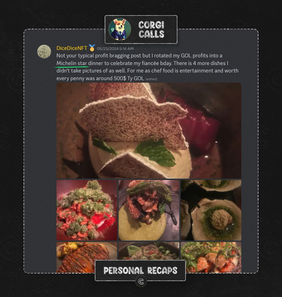 DiceDiceNFT transformed his GOL gains into an extraordinary celebration! 🍽️✨

Instead of the usual profit brag, he treated his fiancée to a Michelin star dinner for her birthday!

Turning crypto wins into unforgettable moments—join <a href="/CorgiCalls/">Corgi Calls</a> and start creating your own