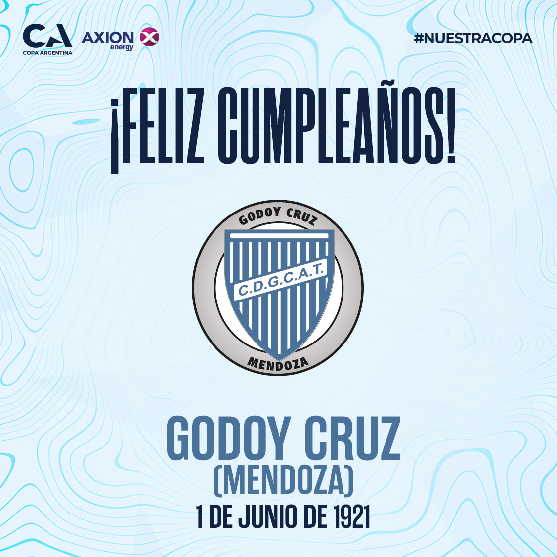 ¡Saludamos a <a href="/ClubGodoyCruz/">Club Godoy Cruz</a> por sus 1️⃣0️⃣3️⃣ años de vida! 🥳🌟

#CopaArgentinaAXIONenergy 🏆🇦🇷

#NuestraCopa 🙌